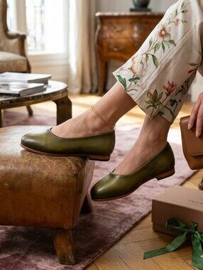 ** ✨ NEW IN BOX ✨ Two Pretty Handcrafted Green Patina Leather Ballet Flats**